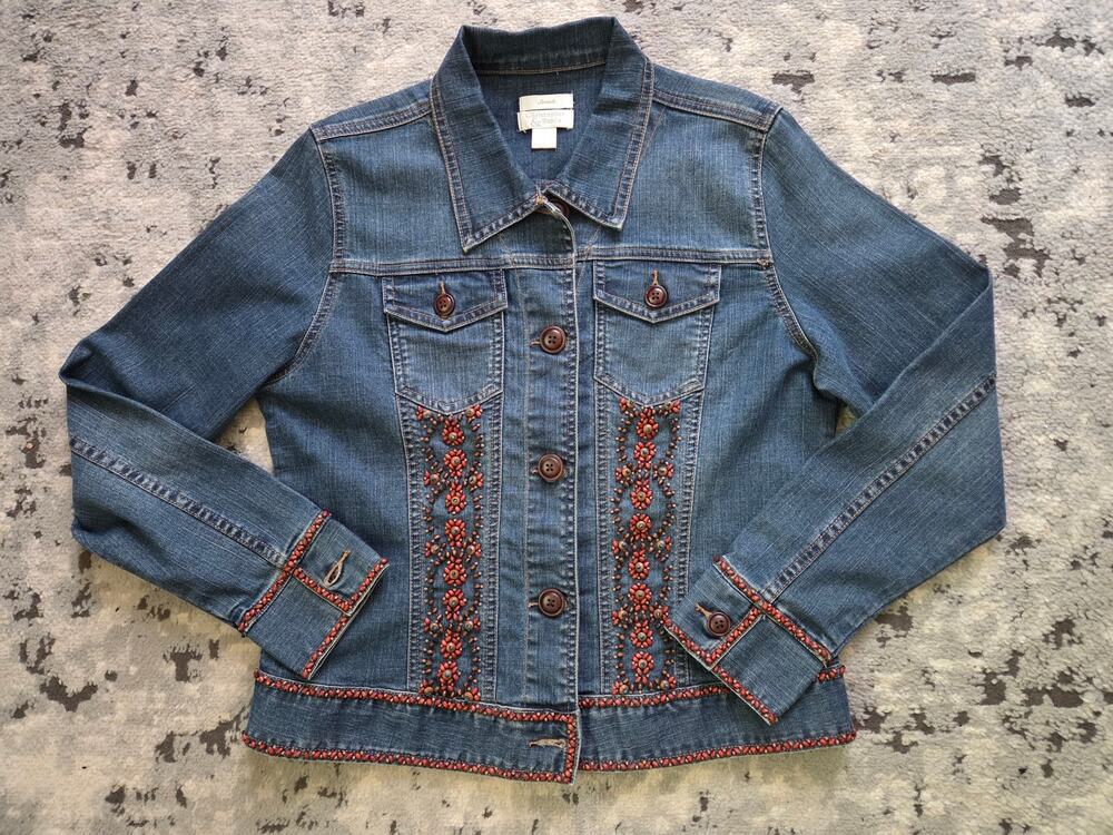 Christopher & Banks Beaded Denim Jacket Size S Boho Beach Aztec Artsy Casual